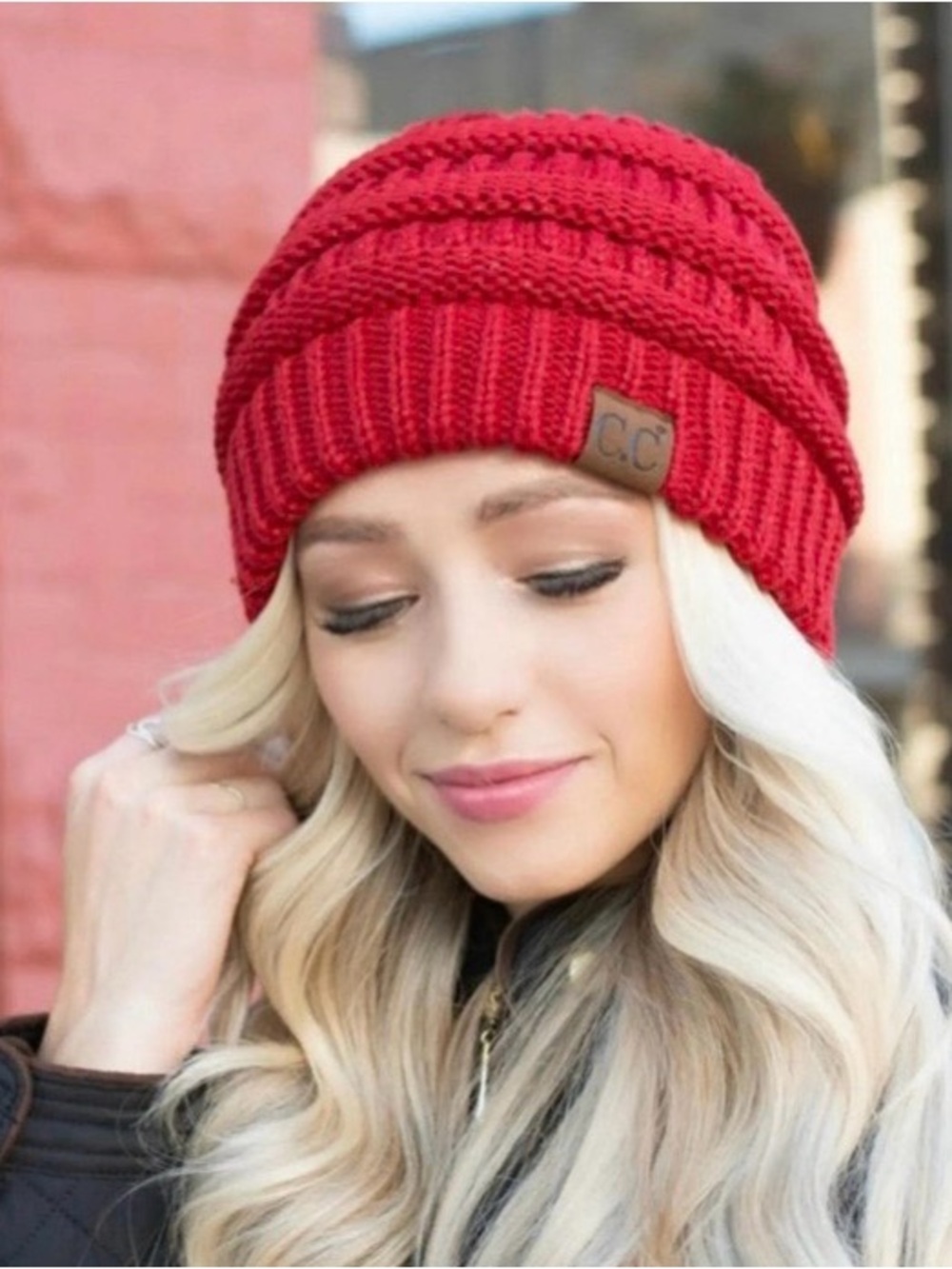 C.C BeanieTail Soft Stretch Cable Knit Messy High Bun Ponytail Beanie Hat red